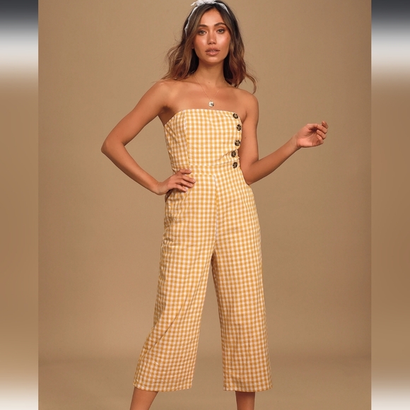 Lulus Pants - Lulus Gingham High Waist Pants Mustard Yellow Cropped Summer Cottagecore